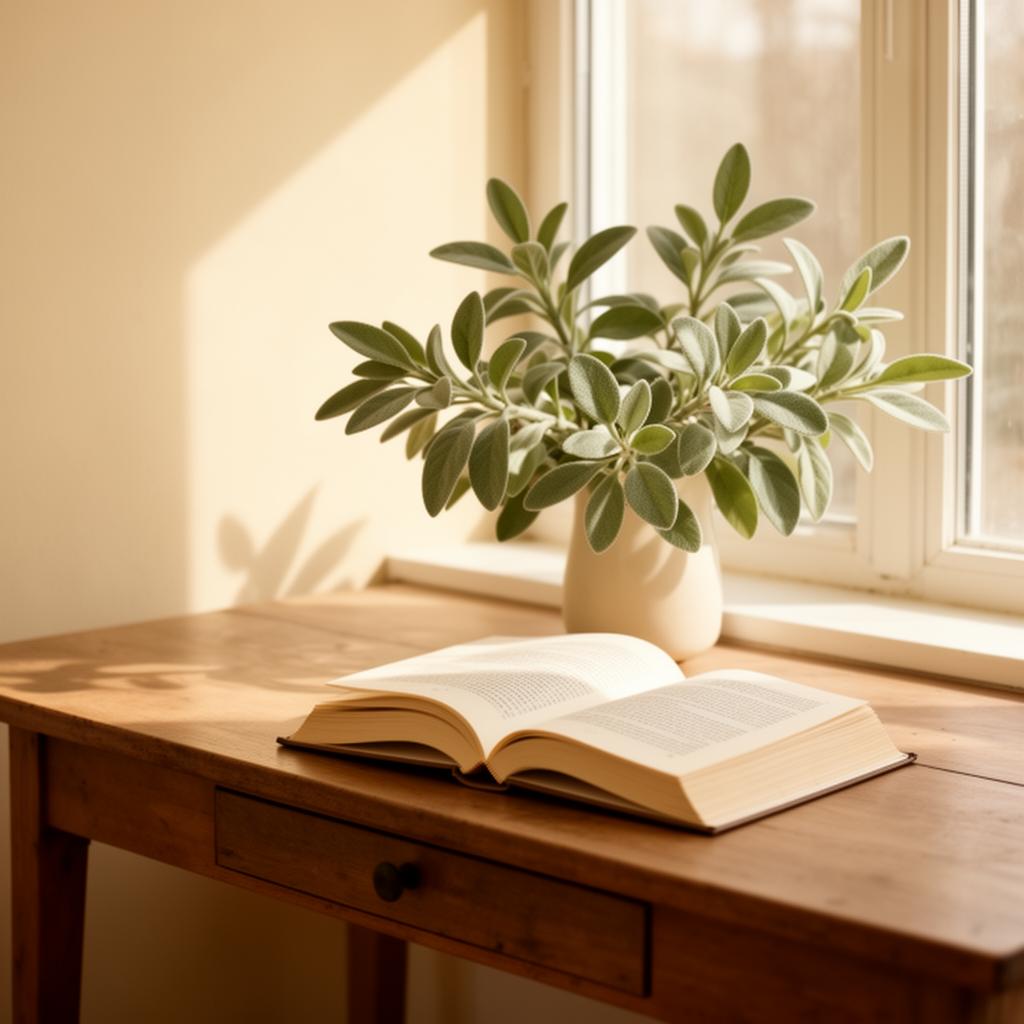 Mesa de trabalho com salva e livro aberto junto à janela